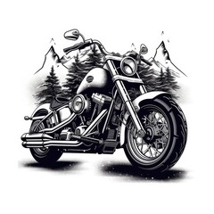 Classic Motorcycle Illustration in Monochrome - Vintage Bike Design for Biker Apparel and T-Shirt Graphics.