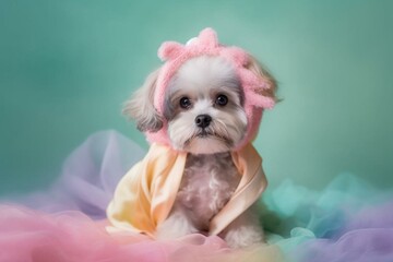 Adorable puppy wearing clothes with pastel colors, in an animal greeting card, resembling a fairy tale character, displaying love and emotion. Generative AI