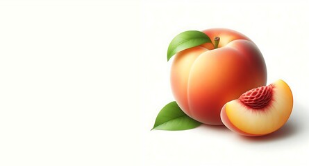 Ripe whole peach fruit with green leaf and slice isolated on white background, generative ai