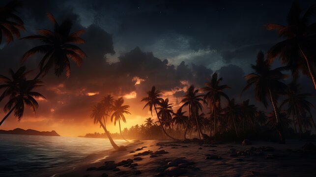 sunset at the beach with palms wallpapers