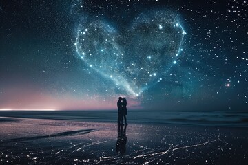 Heart-shaped constellation illuminating a secluded beach, with a couple's silhouette against a canvas of shooting stars. - obrazy, fototapety, plakaty