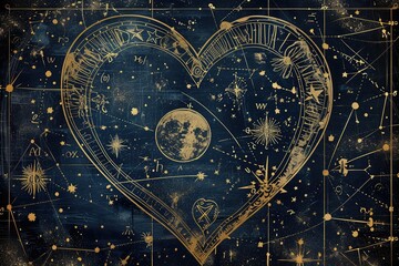 Heart-shaped constellation map with ancient symbols and star patterns, guiding lovers on a journey...