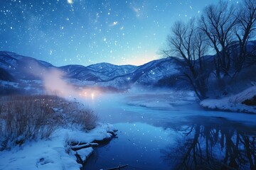 Heart-shaped hot springs nestled in a snowy mountain landscape, with steam rising and a clear starry night sky above.