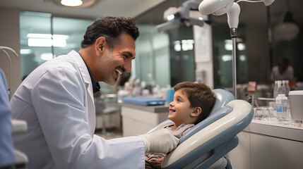 Portrait of dentist examining little boy in dental clinic. Dentistry concept - obrazy, fototapety, plakaty