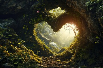 Surreal heart-shaped portal in an ancient forest, leading to a realm of love and wonder, with mystical creatures peeking through.
