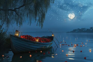 Surreal scene of a heart-shaped moon rising over a crystal lake, with a vintage rowboat filled with...