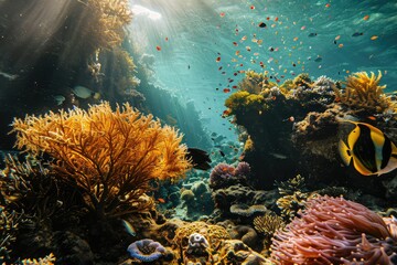 Underwater scene with heart-shaped coral formations, colorful fish, and soft, dappled sunlight filtering through the water.