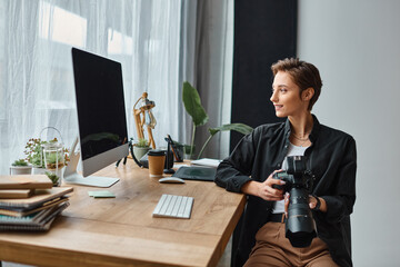 cheerful attractive female photographer in casual attire working hard on her photos in studio