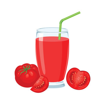 Tomato juice in glass isolated on white background. Fresh vegetable drink. Vector cartoon illustration.
