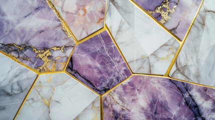 Abstract golden purple and white gray geometric marble stone tiles, marbled mosaic tile wall texture background, copy paste area for texture