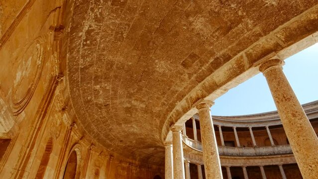 The Alhambra Palace - Revealing the Upper Court of Palace of Charles V, adorned with Renaissance Ionic columns, Granada, Anadalucia, Spain