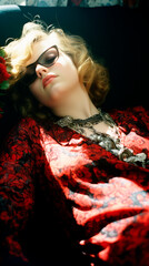 Sensual 30 year old chubby woman reclines to rest on a sofa. she dressed in a red dress.