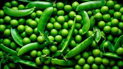 Delicious peas on the farm, in the summer season a tray full of organic products. Fresh peas, can be used as a background. view from above.