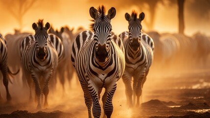 Portrait of zebra herd group in african savanna walking