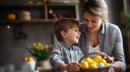 Fototapeta premium Young child and a parent, smiling at each other while holding a basket full of colorful Easter eggs