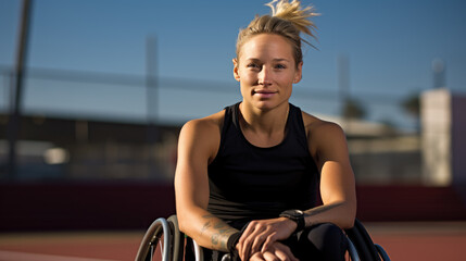 Fototapeta na wymiar Female athlete in a racing wheelchair on an athletic track.