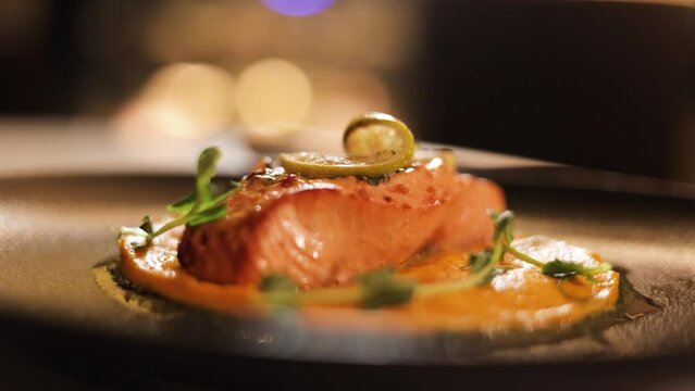 Side view of tasty baked salmon with slice of lemon and pea sprouts laying on big plate with vegetable puree around it. Elegant presentation of expensive dish in luxury restaurant. Blurred background.