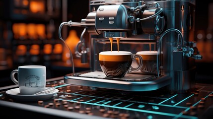 Futuristic robotic arm brew coffee and barista in coffee shop - obrazy, fototapety, plakaty