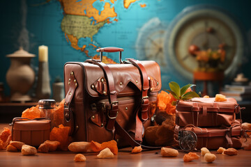 Przygotowania do Wielkiej Przygody. Ilustracja przedstawiająca walizkę podróżną na tle mapy świata, emanującą gotowością do wielkiej podróży i nowych odkryć. - obrazy, fototapety, plakaty