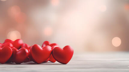 beautiful figures of red hearts on a wooden table with a soft blur