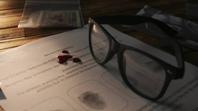 Close up shot of investigation board. Detective desk with focus on the glasses, document blank with fingerprints, blood droplets on paper.