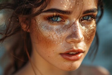 Creative Glitter Makeup on Woman's Face.
Woman's face with creative golden glitter makeup under natural light, showcasing modern makeup trends.