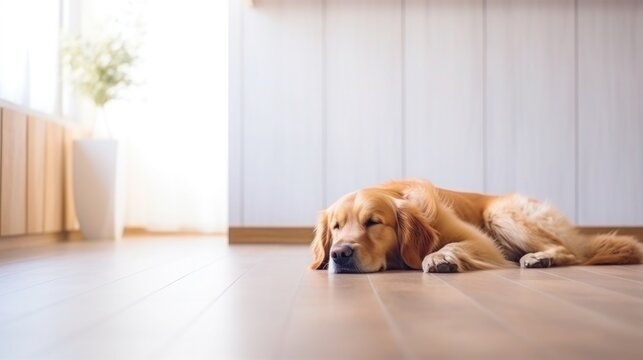 golden retriever dog with interior home background. generative ai.