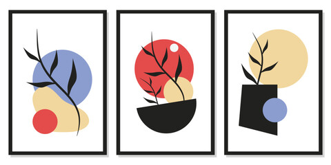 Modern abstract art poster set. Abstract, collage, leaves, circle. Design for social media, wallpaper, postcards, prints.