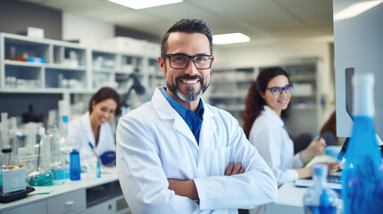 Smiling scientist with glasses and a lab coat stands confidently in a laboratory, with shelves stocked with scientific supplies in the background and colleagues working behind him.