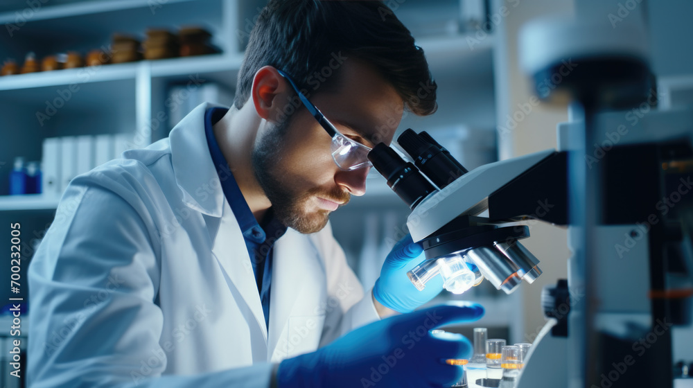Poster scientist using a microscope in a laboratory setting
