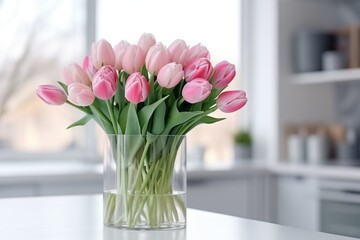 Pink tulips in glass vase on the table of light modern kitchen