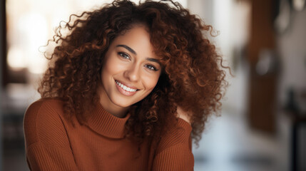 Smiling woman with curly hair in a warmly lit room