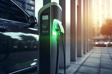 a car charging station with a green light - obrazy, fototapety, plakaty