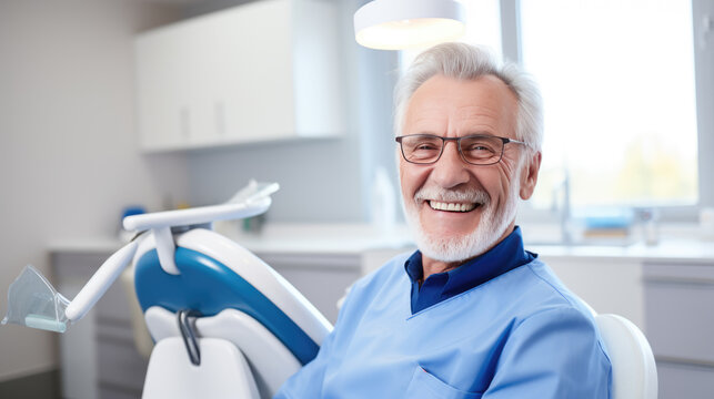 Elderly male patient with white hair is smiling and sitting in a dental chair
