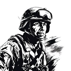 Monochrome Military Soldier Portrait - Bold Graphic T-Shirt Print with a Fierce Combatant and Tactical Gear.