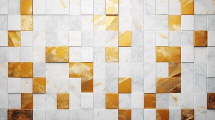 Abstract golden yellow and white gray geometric marble stone tiles, marbled mosaic tile wall texture background, copy paste area for texture