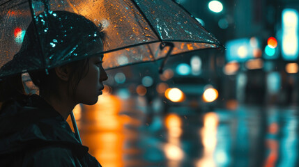 femme dans la rue sous la pluie la nuit abritée par un parapluie - obrazy, fototapety, plakaty