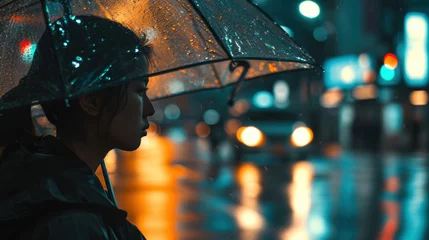 Foto op Aluminium femme dans la rue sous la pluie la nuit abritée par un parapluie © Sébastien Jouve