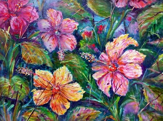 Original creativity activity art oil painting petal Hibiscus rosa-sinensis  flower	