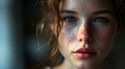 young woman with freckles, blue eyes, close-up portrait