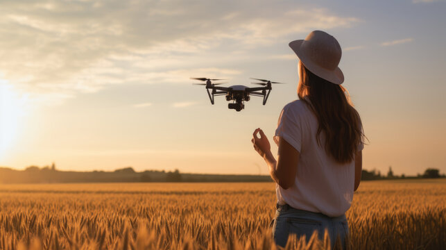 Woman in a field at sunset, operating a drone, which symbolizes modern agricultural technology and innovation.