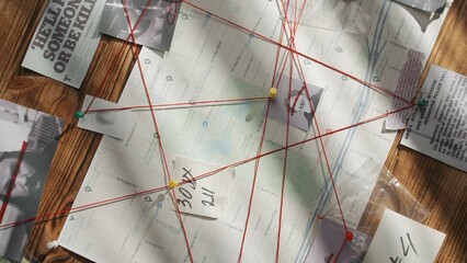 Close up shot of investigation board. Detective board with pieces of newspapers, killer...