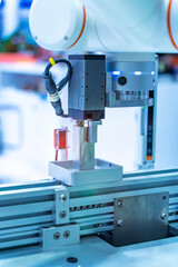 transducer on industrial machine robot in assembly line working in factory. Smart factory industry 4.0 concept.