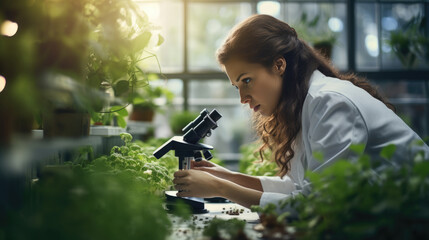 Female scientist in a lab coat examining plants with a microscope in a greenhouse
