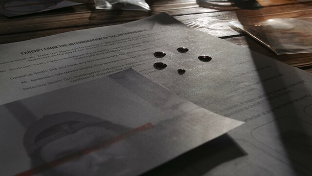 Close up shot of investigation board. Detective desk with blank of interrogation, photograph of man suspect, blood drops on paper.