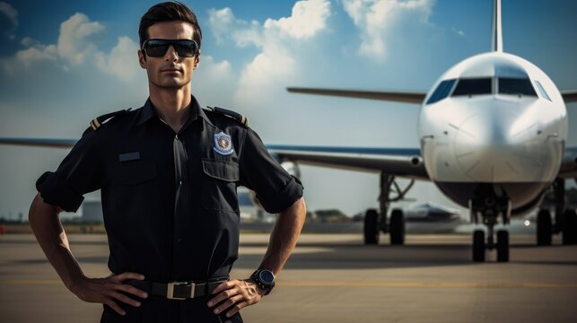 A pilot, wearing a cool uniform, stood next to the plane, ready to take off, vignetting photography, mona lisa style, 2K, 