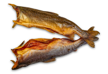 Two cold smoked fish fillets (salmon) isolated on a transparent background.
