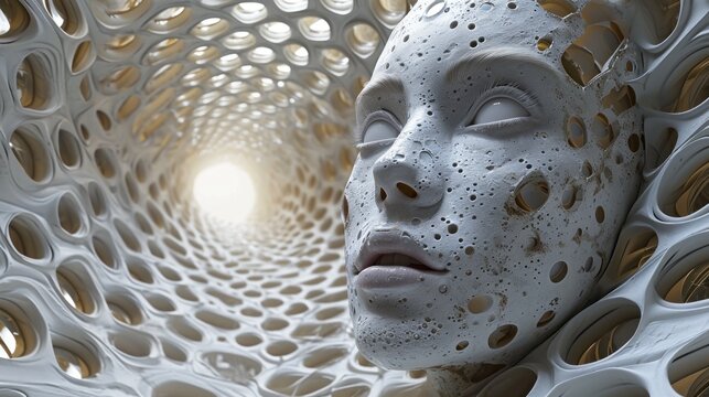 A sculpture of a woman's face is surrounded by holes, AI