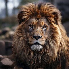 A lion in its enclosure looking forward at a rocky wall