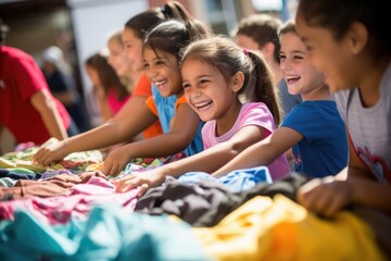 A group of children enthusiastically selecting free clothes at a back-to-school clothing giveaway...
